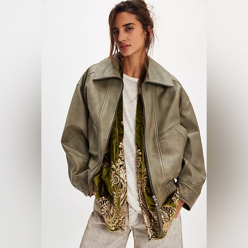 NWT Free People Desert Moon Leather Jacket Sage
